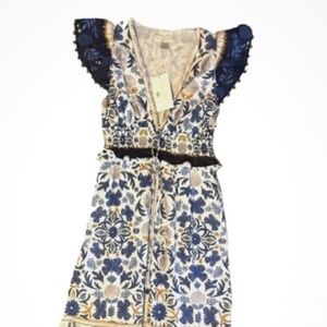 Caroline Constas NWT Blue White Maxi Dress L Beaded Tassel Long Stunning Smocked